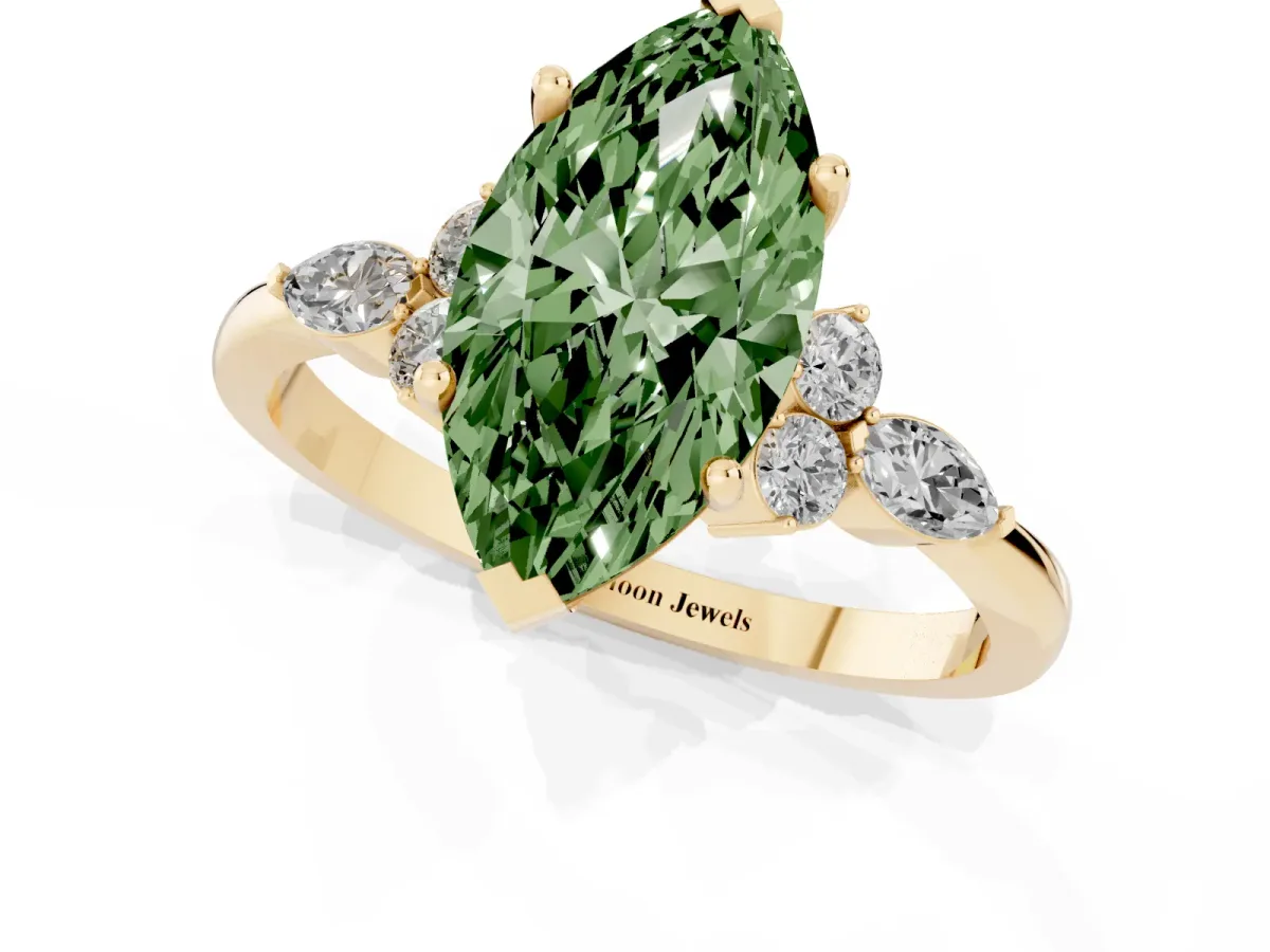 Fancy Green Marquise Cut Brilliant Diamond Solitaire Ring with Pear Side Stones and Four-Prong Setting Yellow gold