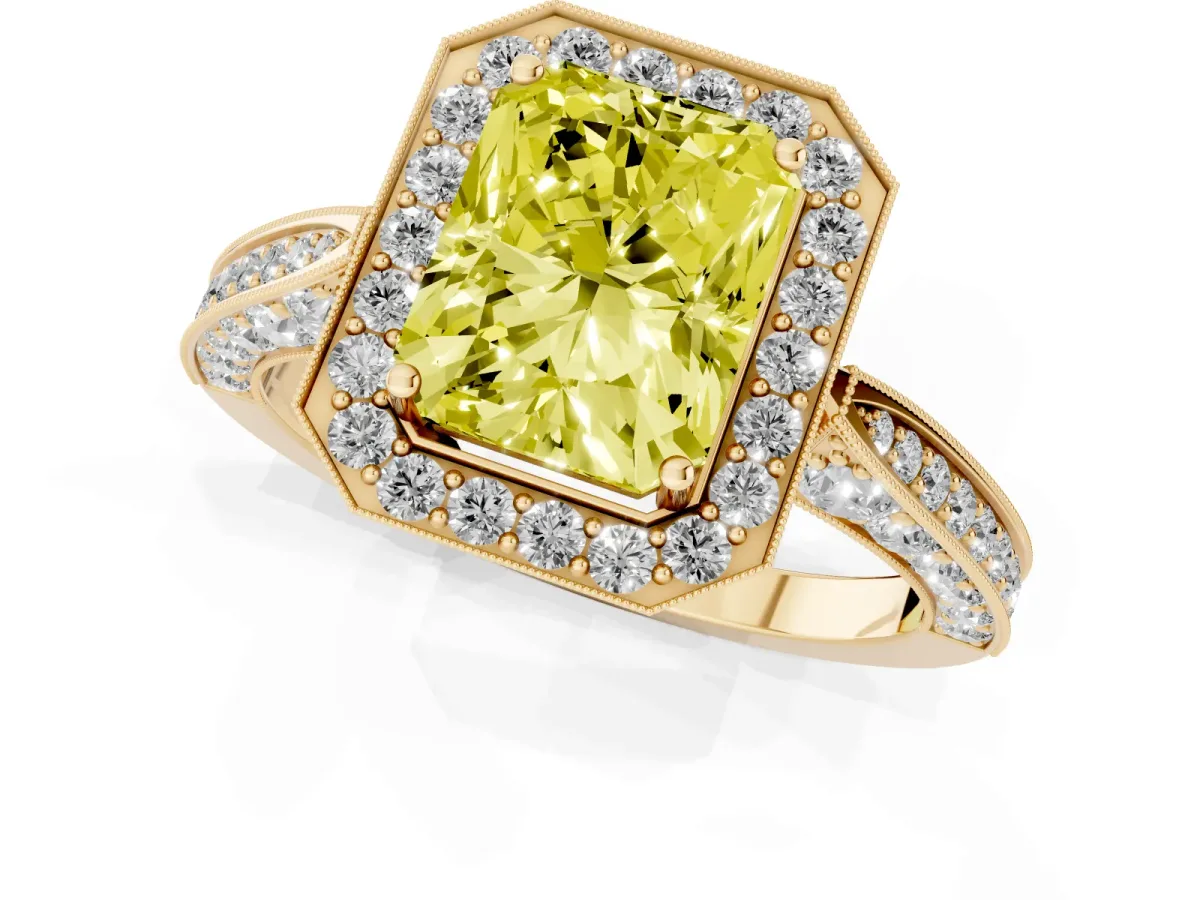 Fancy Yellow Radiant Cut Halo Diamond Engagement Ring with Split Shank Band and Four-Prong Setting Yellow gold