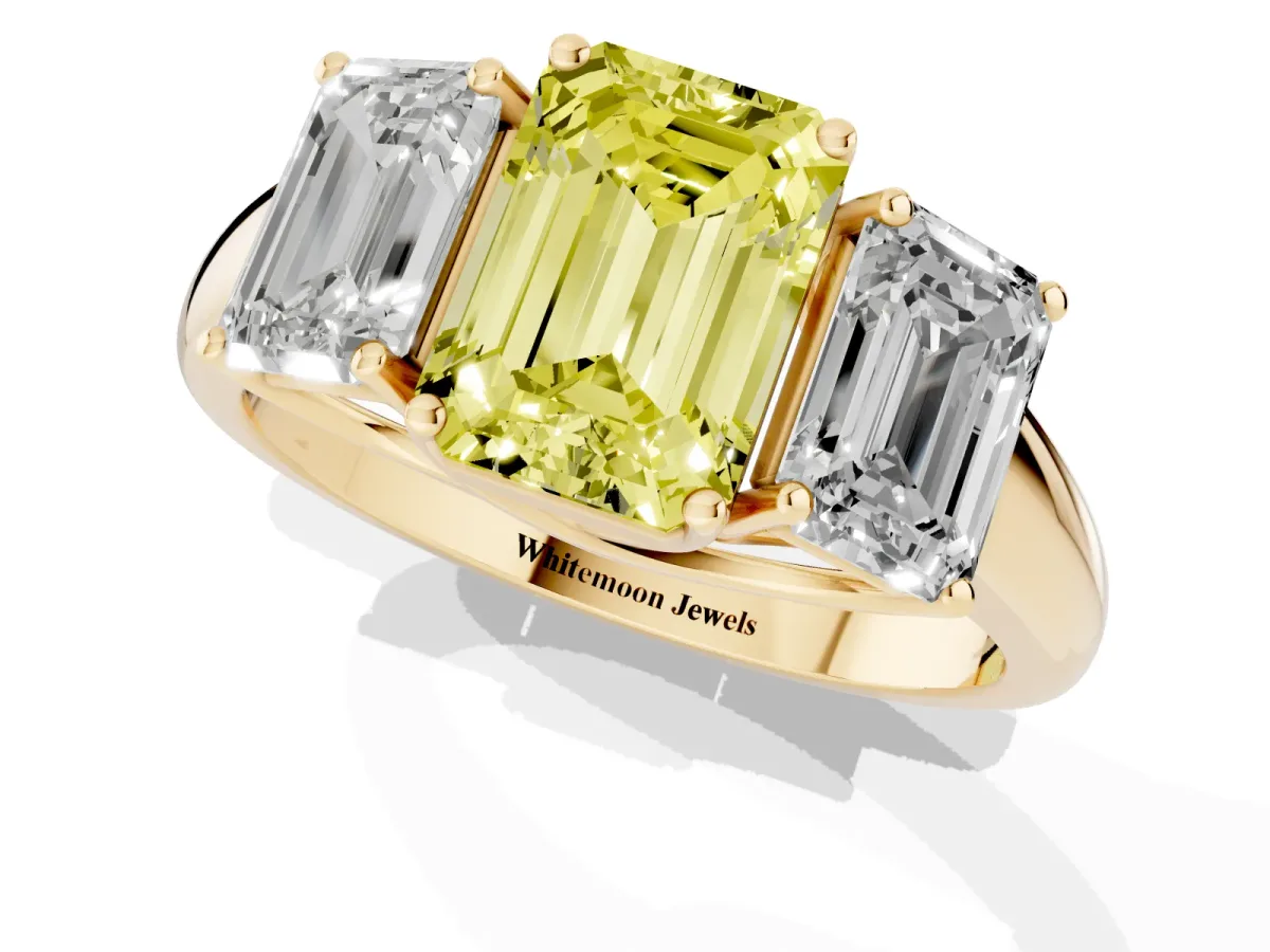 Fancy Yellow Three-Stone Emerald Cut Diamond Engagement Ring with Prong Setting Yellow gold