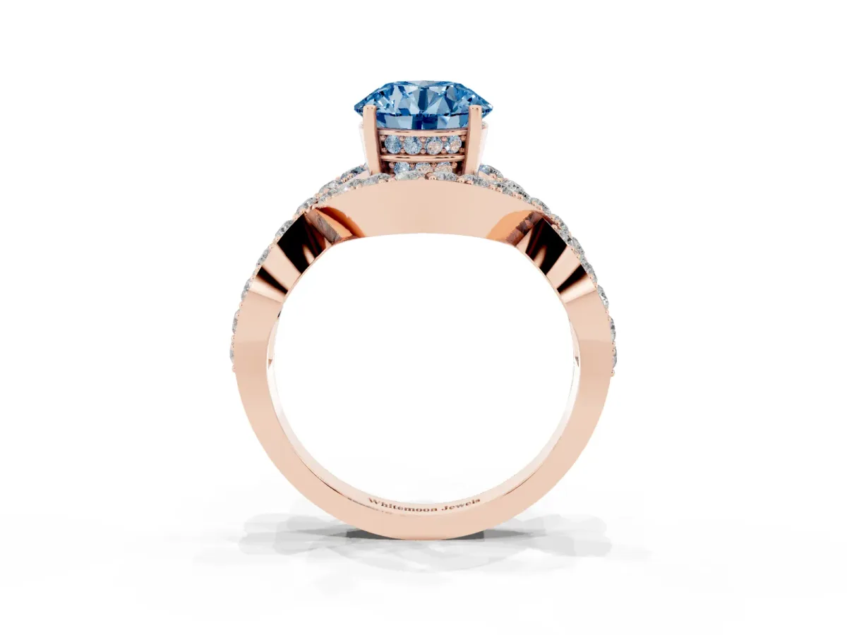 Fancy Blue Round Cut Solitaire Twist Band Pavé Diamond Engagement Ring Rose gold