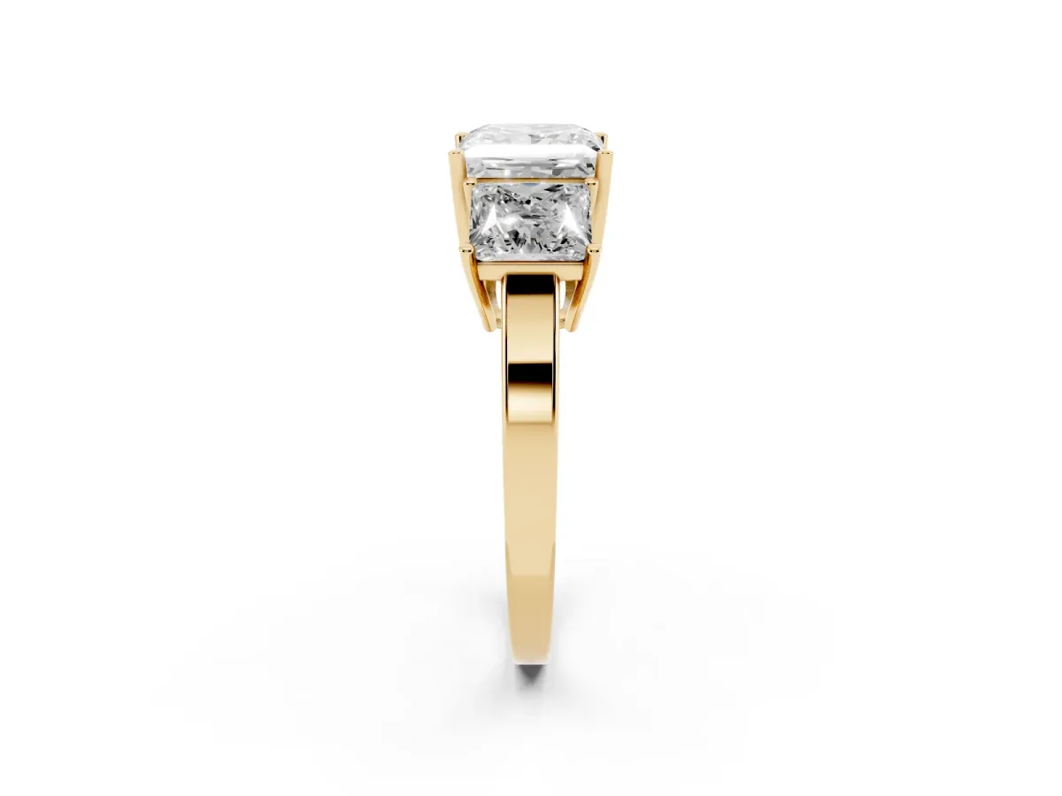 Three-Stone Princess Cut Cut Diamond Engagement Ring with Flat Band and Four-Prong Setting Yellow gold