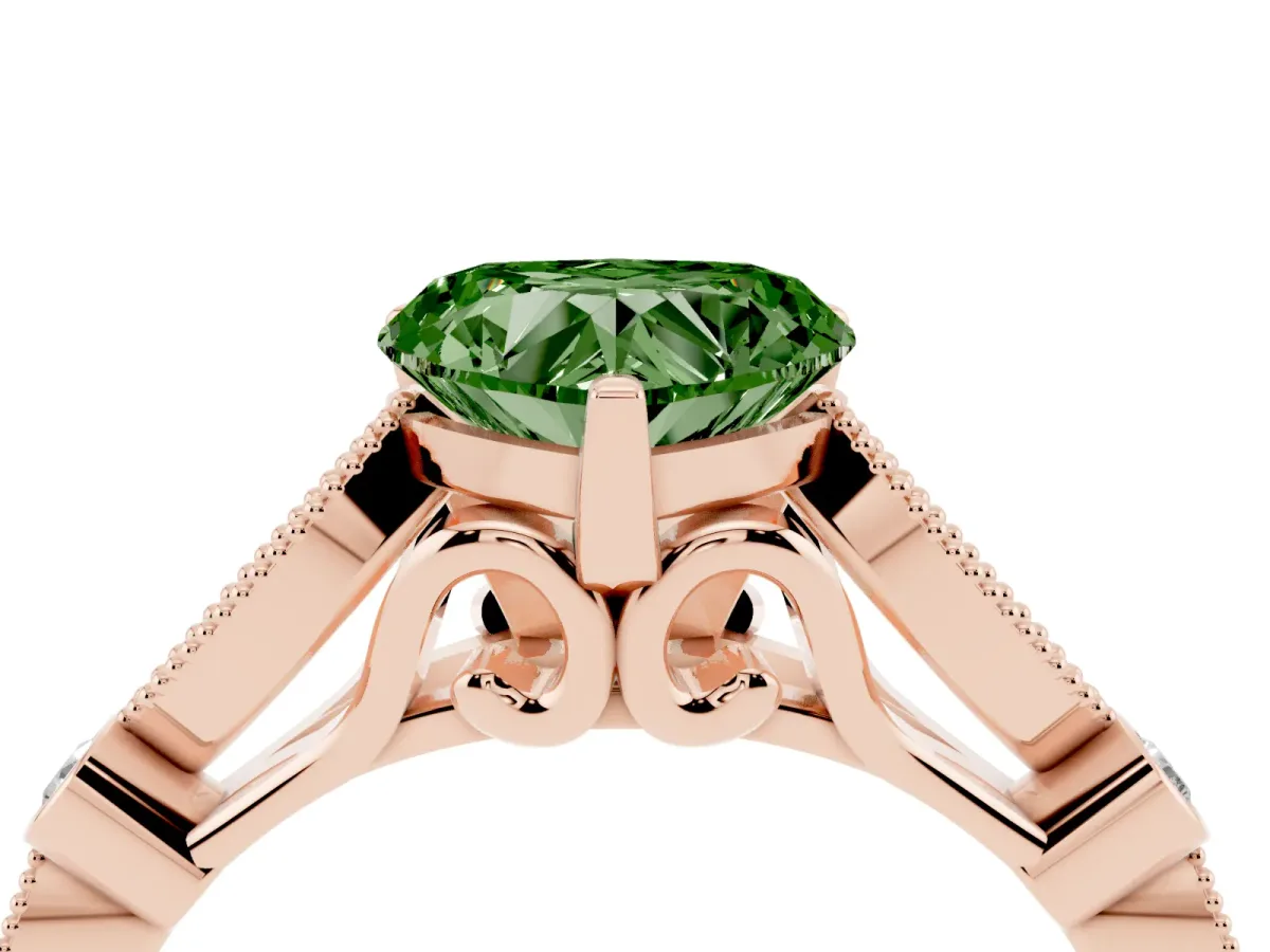 Fancy Green Heart Cut Cut Diamond with Milgrain Marquise and Bezel Accents on a Solitaire Band with Prong Setting Rose gold