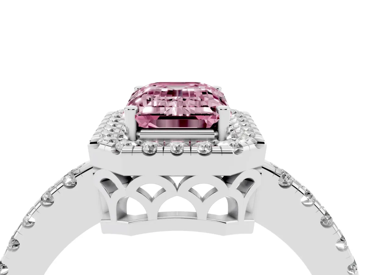 Fancy Pink Emerald Cut Halo Diamond Engagement Ring with Pavé Band and Four-Prong Setting Silver