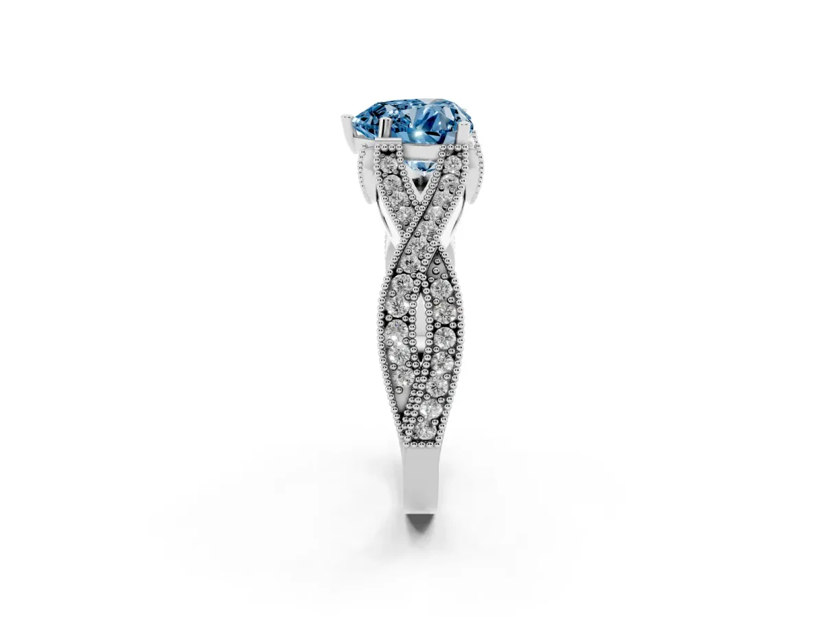 Fancy Blue Heart Cut Cut Diamond Twisted Band with Milgrain Pave Setting and Four-Prong Setting Silver
