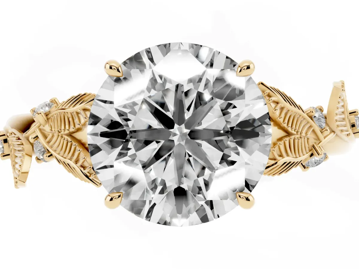 Round Cut Diamond Solitaire Ring with Leaf Motif Band and Four-Prong Setting Yellow gold
