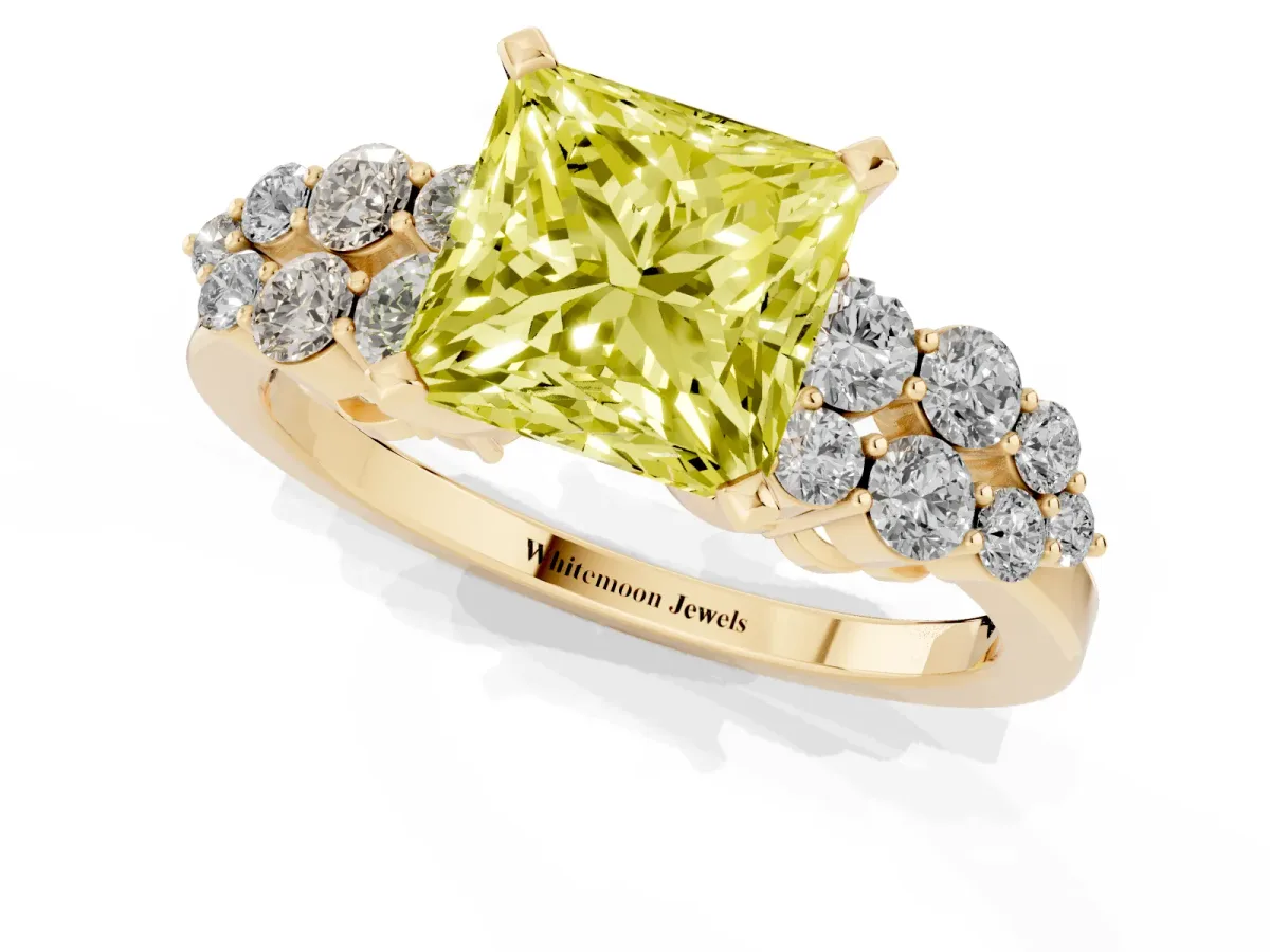 Fancy Yellow Princess Cut Cluster Diamond Engagement Ring with Pavé Band and Four-Prong Setting Yellow gold