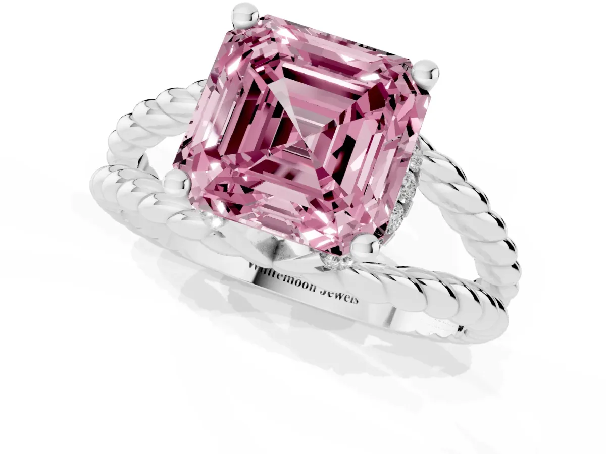 Fancy Pink Asscher Cut Halo Twisted Band Four-Prong Ring Silver