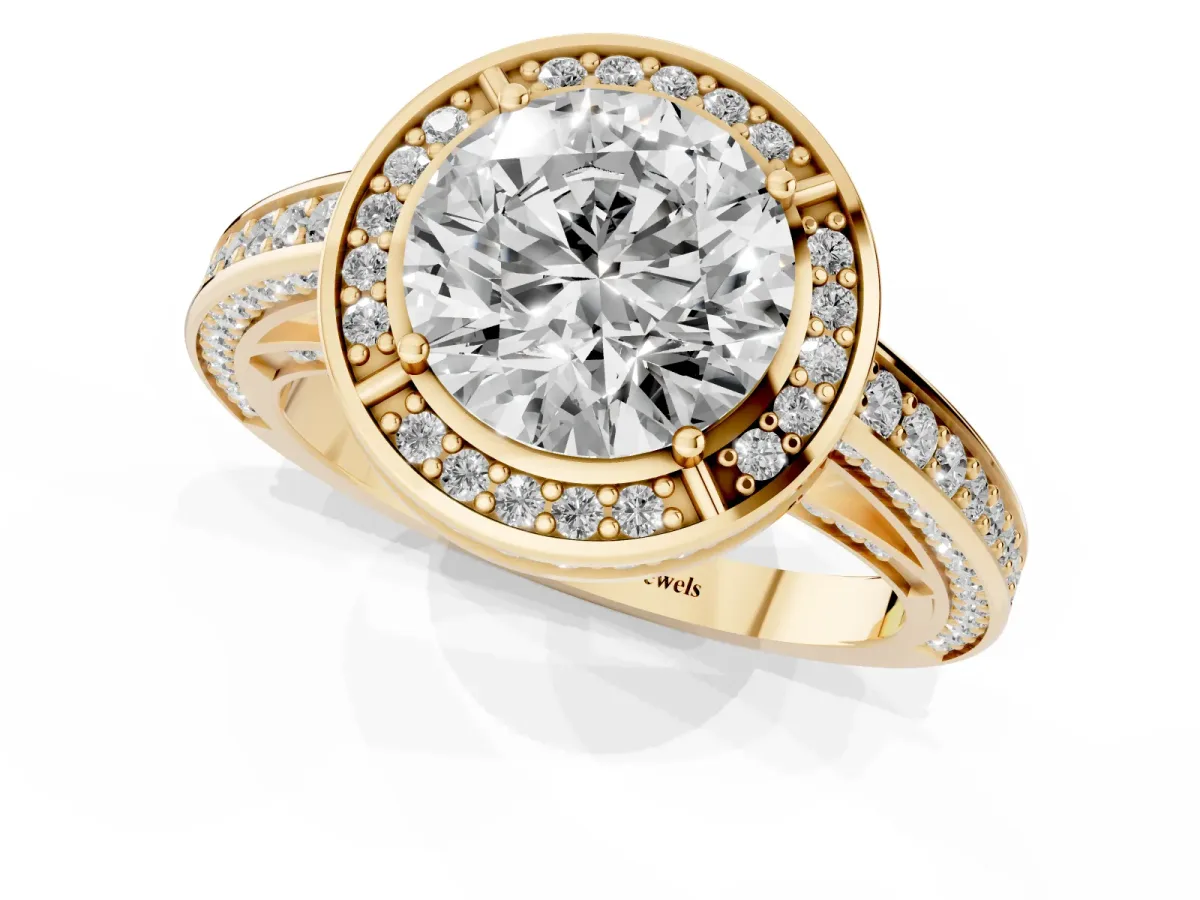Round Cut Cut Halo Pave Split Shank Prong Setting Ring Yellow gold