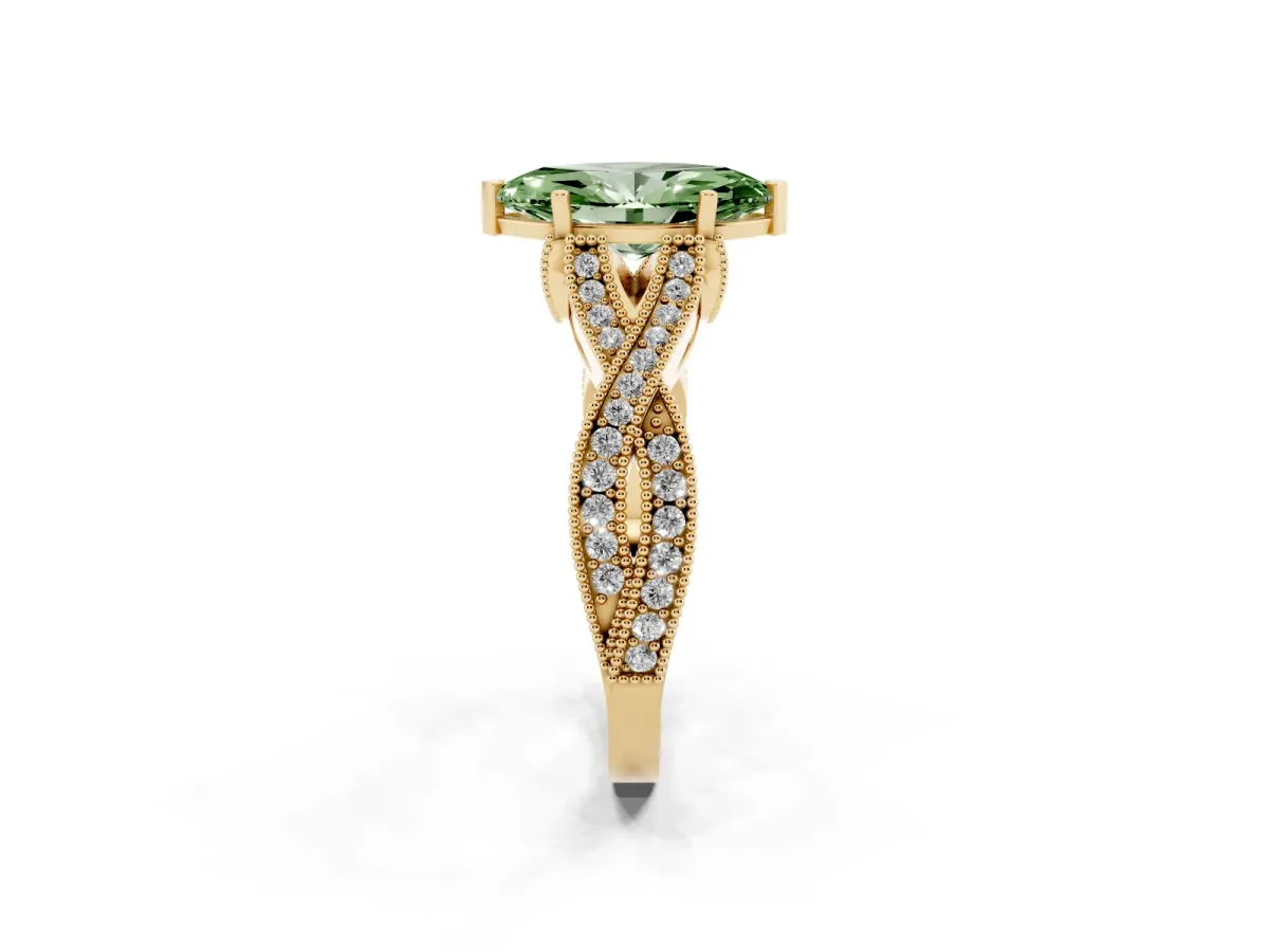 Fancy Green Marquise Cut Cut Diamond Twisted Band with Milgrain Pave Setting and Four-Prong Setting Yellow gold