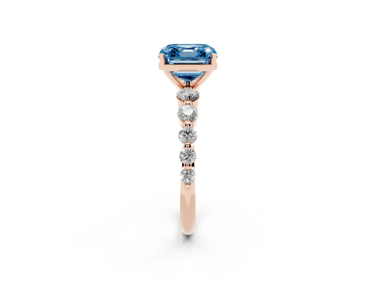 Fancy Blue Asscher Cut Solitaire Diamond Ring with Pave Band and Four-Prong Setting Rose gold