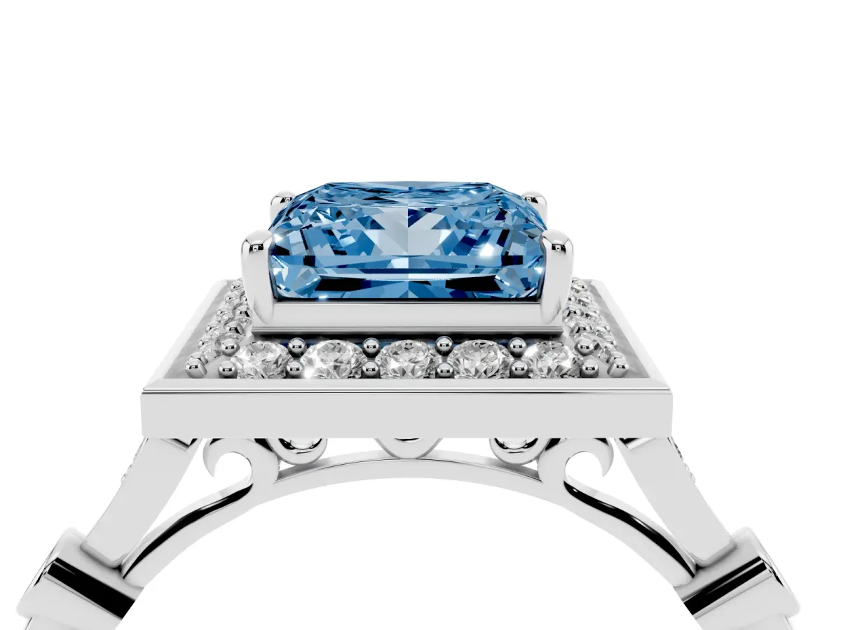 Fancy Blue Princess Cut Halo Diamond Engagement Ring with Twisted Band and Four-Prong Setting Platinum