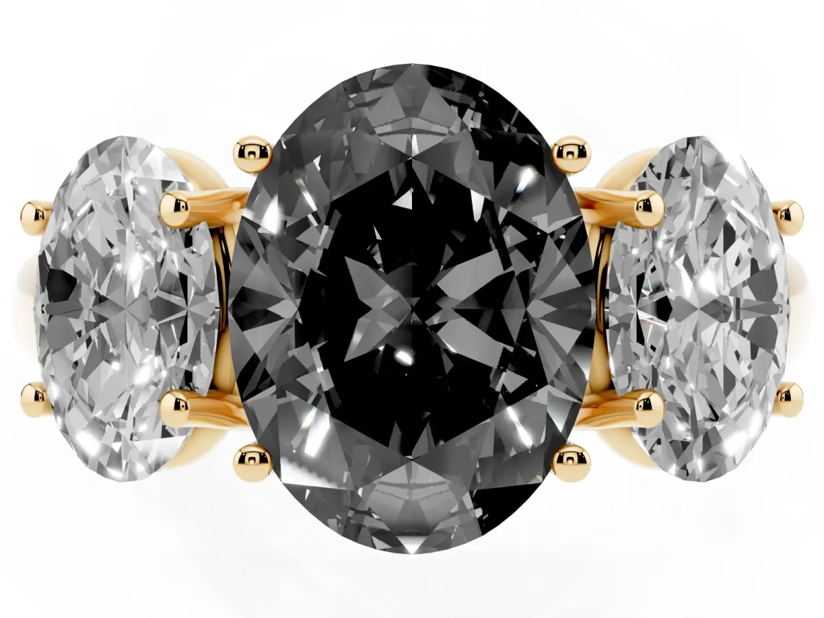 Fancy Black Three-Stone Oval Cut Diamond Engagement Ring with Prong Setting Yellow gold