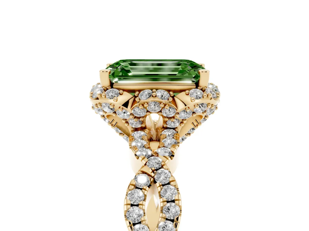 Fancy Green Emerald Cut Halo Twist Band Solitaire Ring with Six-Prong Setting Yellow gold