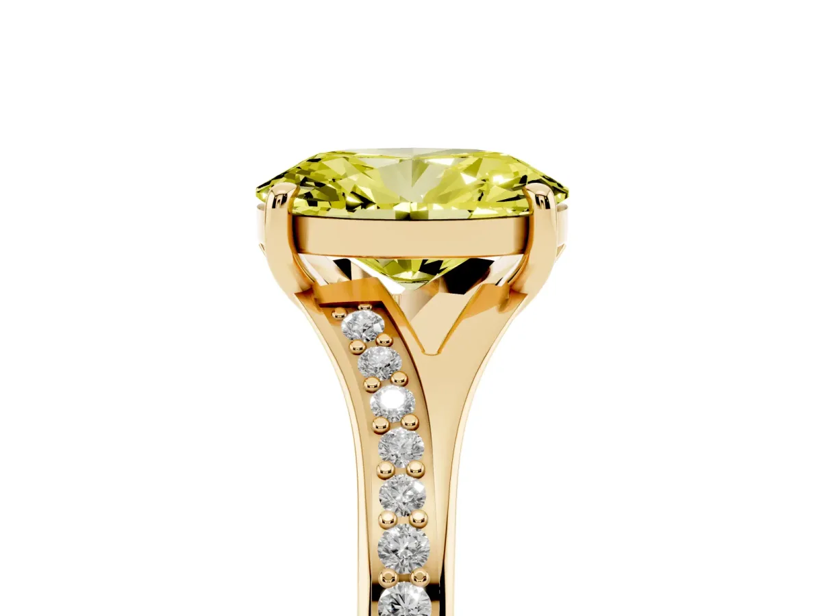 Fancy Yellow Oval Cut Diamond Solitaire Ring with Pavé Band and Prong Setting Yellow gold