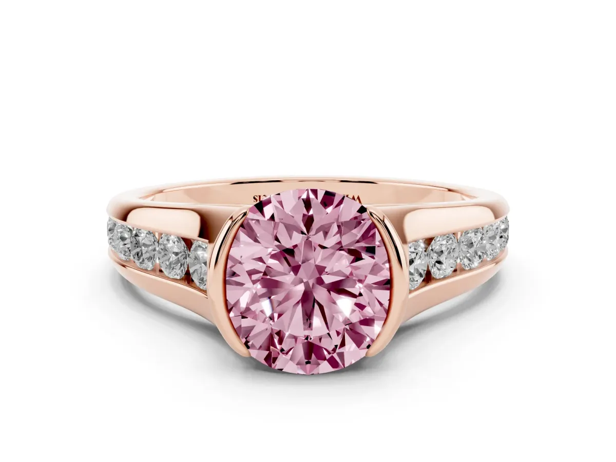 Fancy Pink Round Cut Solitaire Bezel-Set Diamond Ring with Channel-Set Band Rose gold