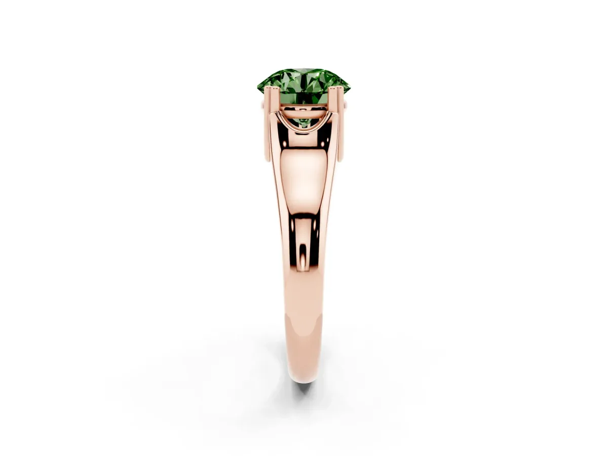 Fancy Green Round Cut Diamond Solitaire Ring with Wide Band and Prong Setting Rose gold