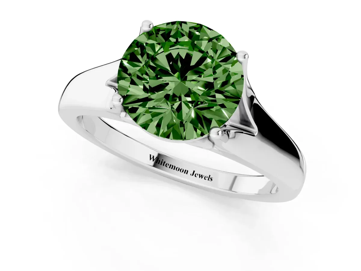 Fancy Green Round Cut Solitaire Diamond Ring with Cathedral Band and Four-Prong Setting Silver