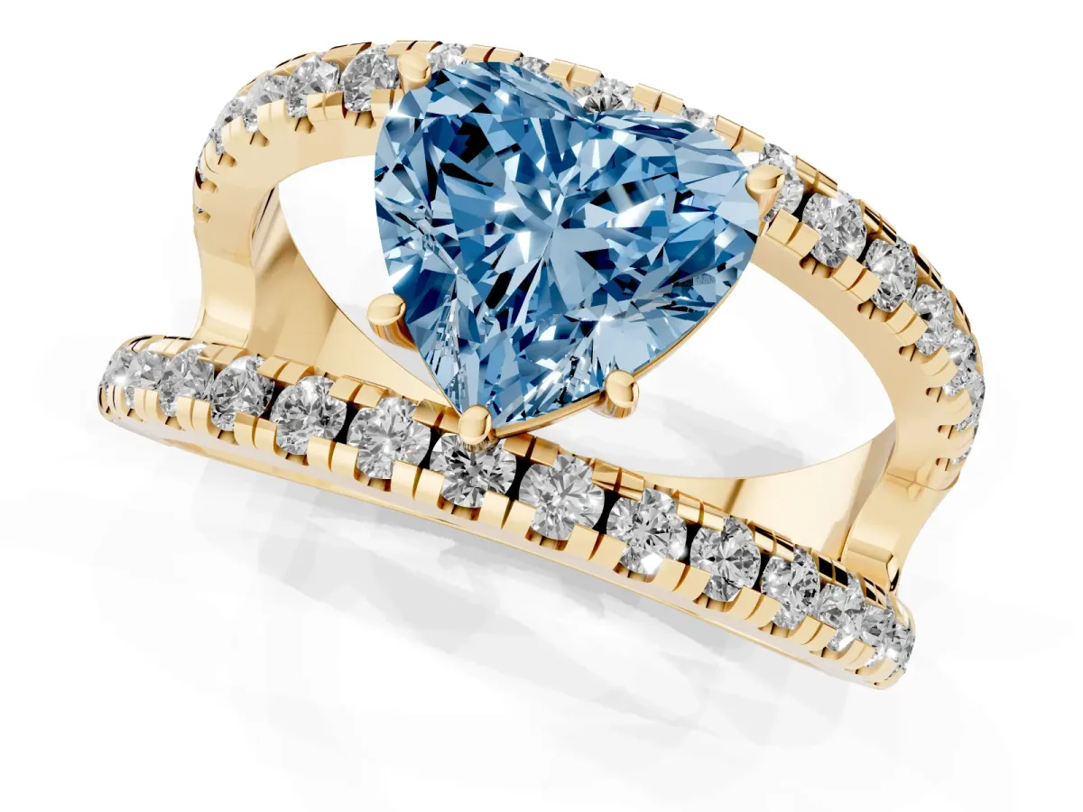 Fancy Blue Heart Cut Solitaire Split Shank Pave Diamond Ring Yellow gold