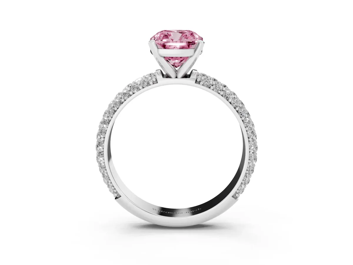 Fancy Pink Cushion Cut Diamond Solitaire Ring with Prong Setting and Pavé Band Platinum