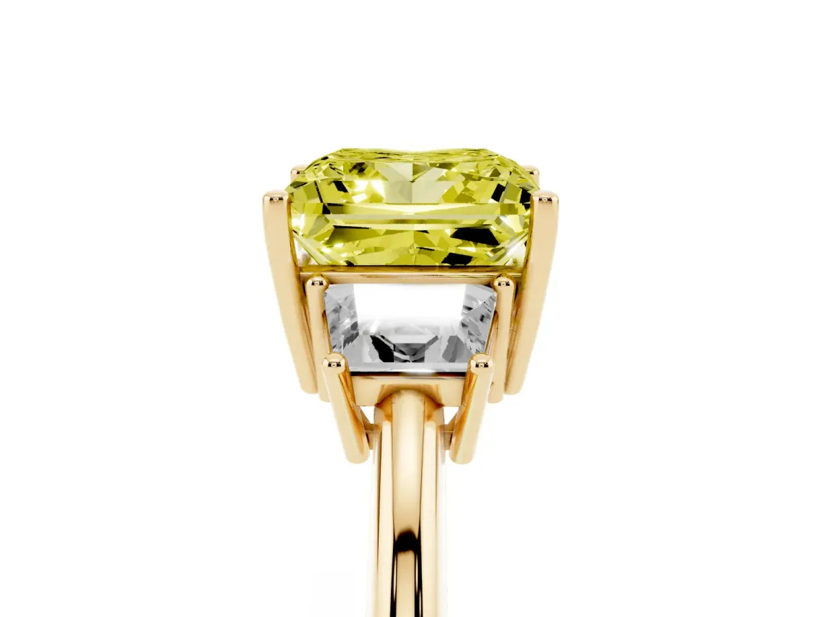 Fancy Yellow Princess Cut Diamond Three-Stone Ring with Trapezoid Side Stones and Prong Setting Yellow gold