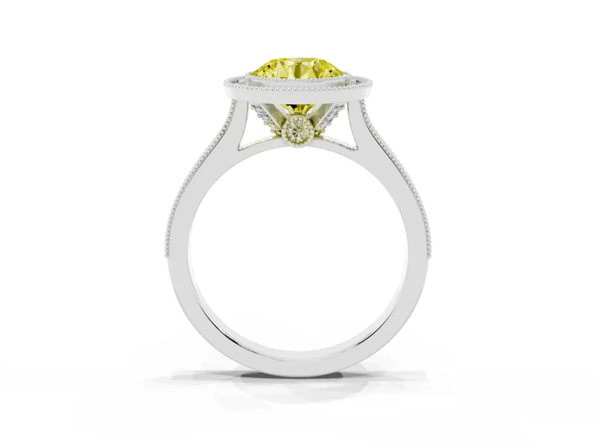 Fancy Yellow Halo Round Cut-Cut Diamond Pave Band Milgrain Prong Setting Ring Silver
