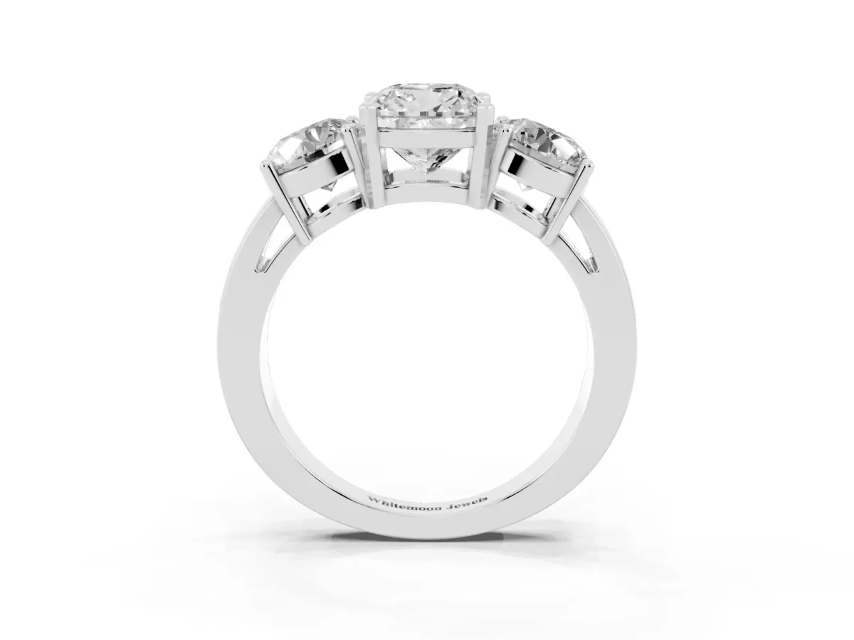 Three-Stone Cushion Cut Diamond Ring with Round Side Stones, Classic Band, and Four-Prong Setting Silver