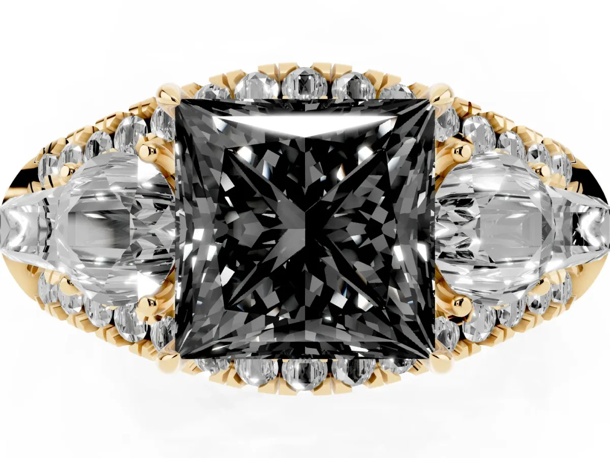 Fancy Black Three-Stone Princess Cut Diamond Engagement Ring with Pave Band and Prong Setting Yellow gold
