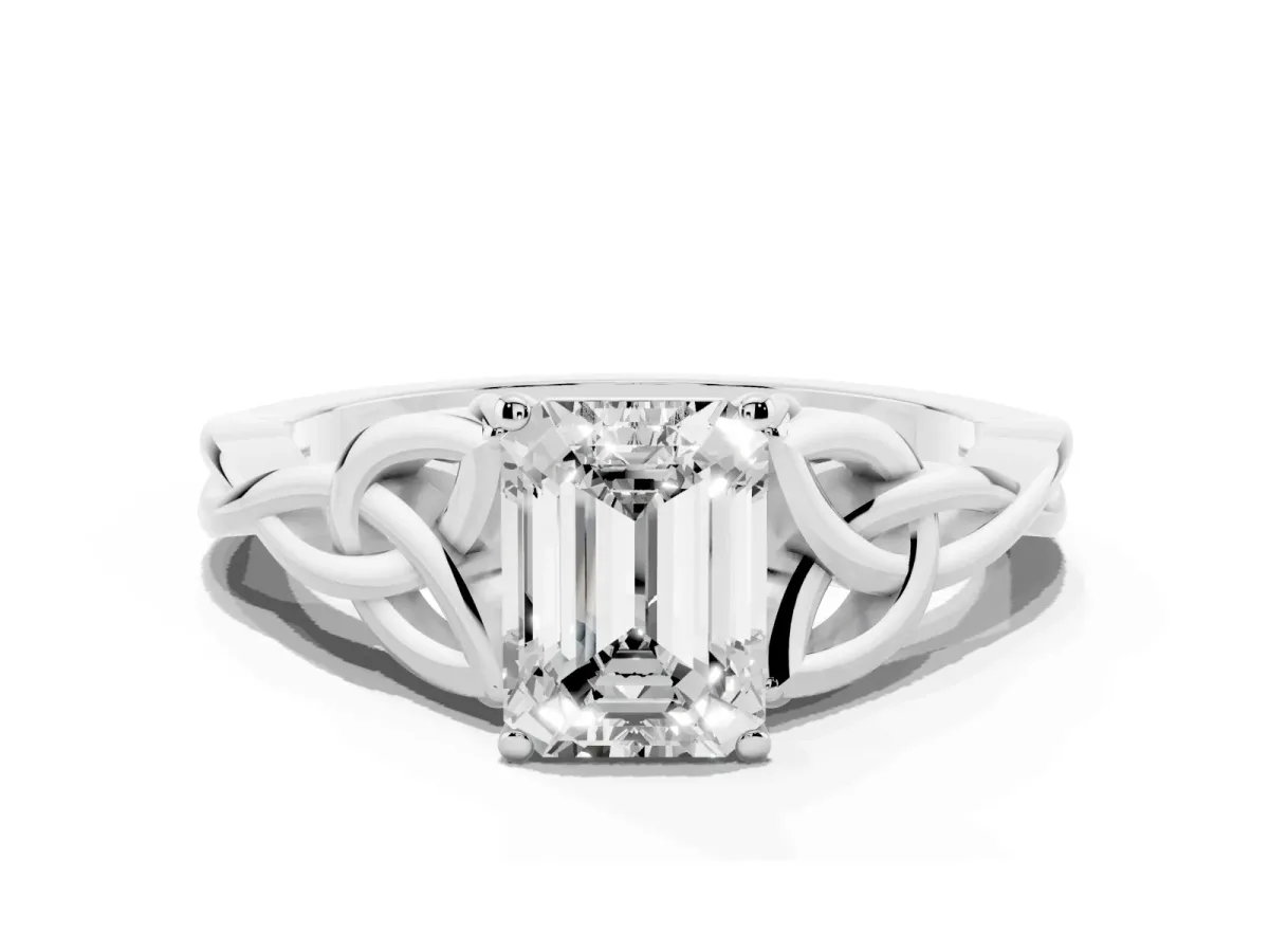 Emerald Cut Diamond Solitaire Engagement Ring with Celtic Knot Band and Four-Prong Setting Silver