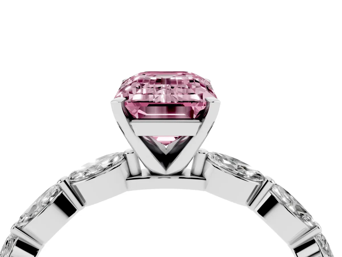 Fancy Pink Emerald Cut Diamond Ring with Marquise Side Stones and Prong Setting White gold