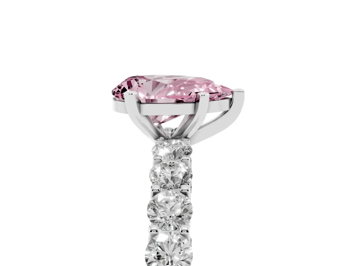 Fancy Pink Pear Cut Diamond Solitaire Ring with Shared Prong Pavé Band and Four-Prong Setting Silver