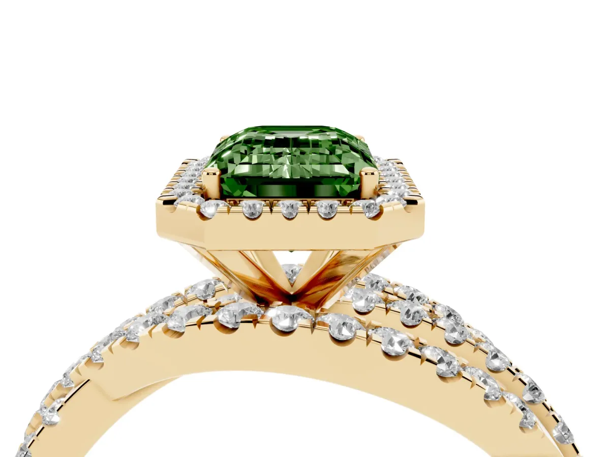 Fancy Green Emerald Cut Diamond Halo Ring with Round Split Shank and Prong Setting Yellow gold