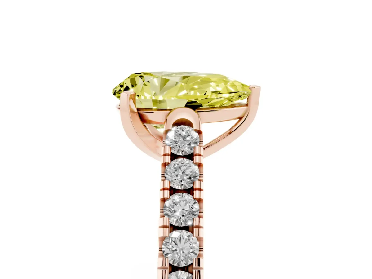 Fancy Yellow Pear Cut Diamond Pavé Band Solitaire Ring with Prong Setting Rose gold