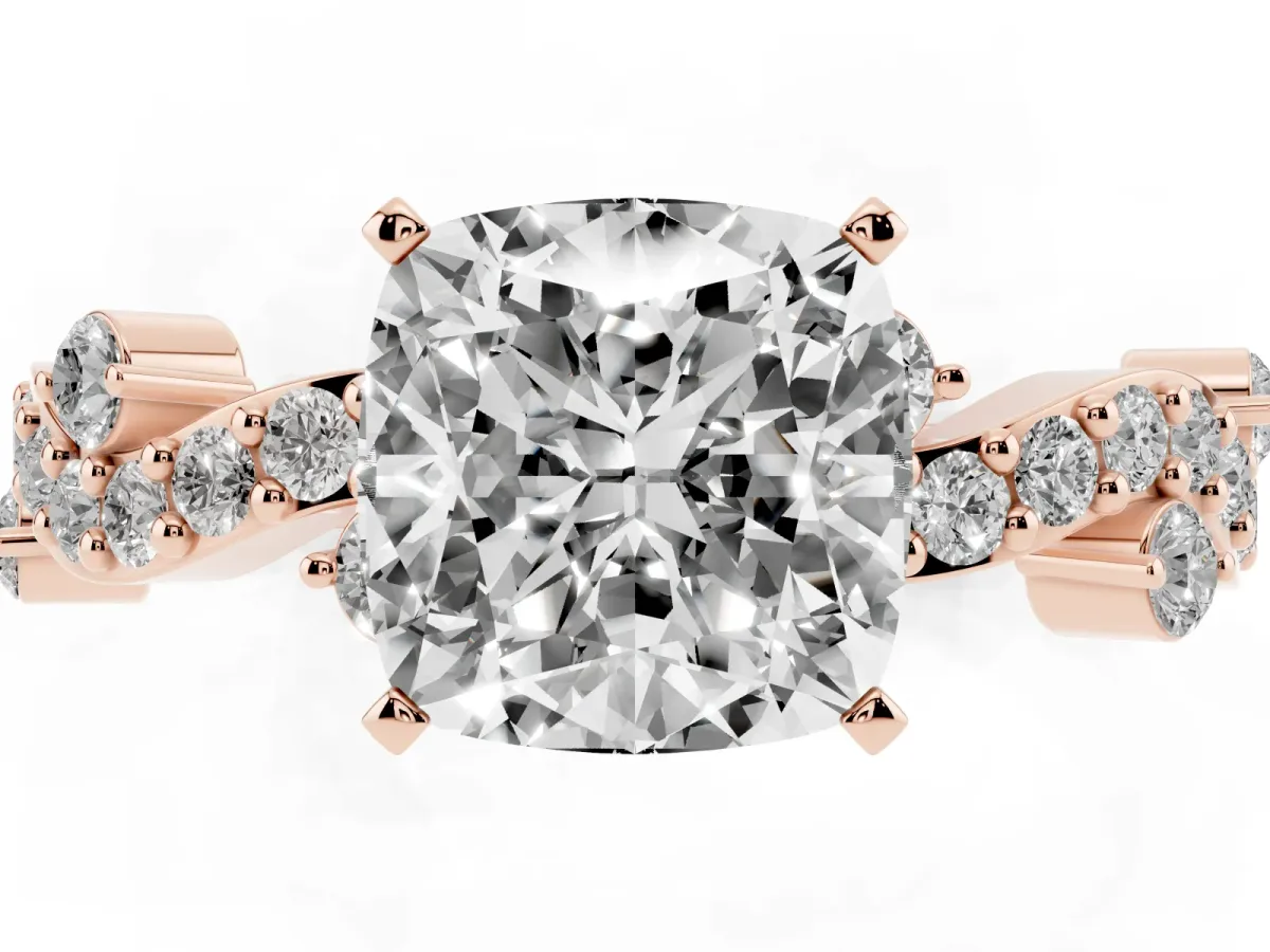 Cushion Cut Cut Solitaire Diamond Twisted Band with Pave Setting Rose gold
