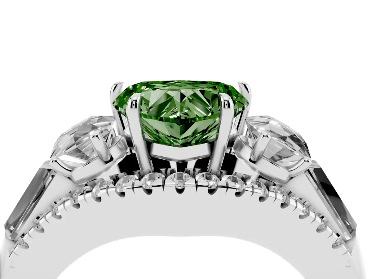 Fancy Green Three-Stone Heart Cut Diamond Engagement Ring with Pave Band and Prong Setting Silver