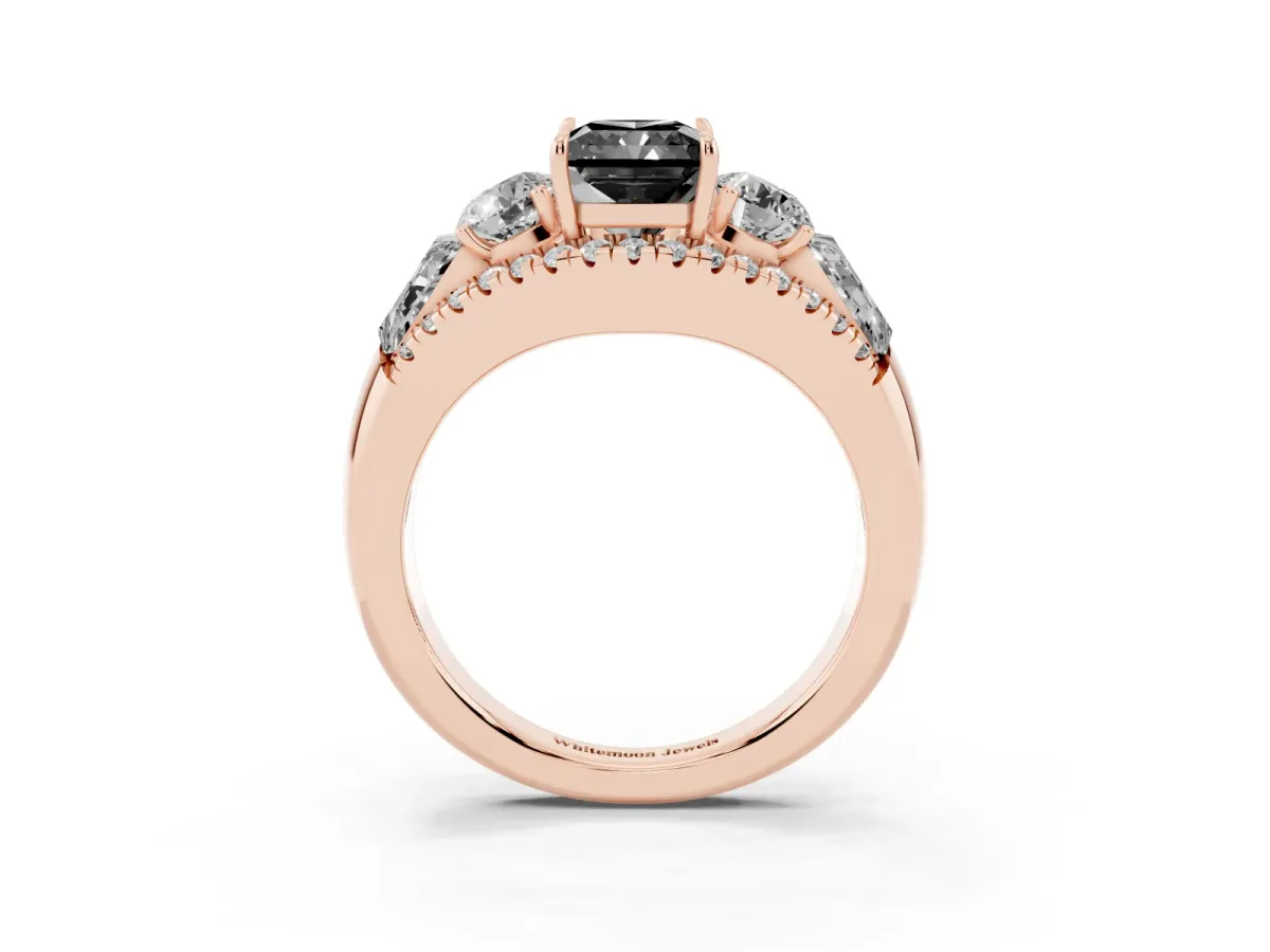 Fancy Black Three-Stone Radiant Cut Diamond Engagement Ring with Pave Band and Prong Setting Rose gold