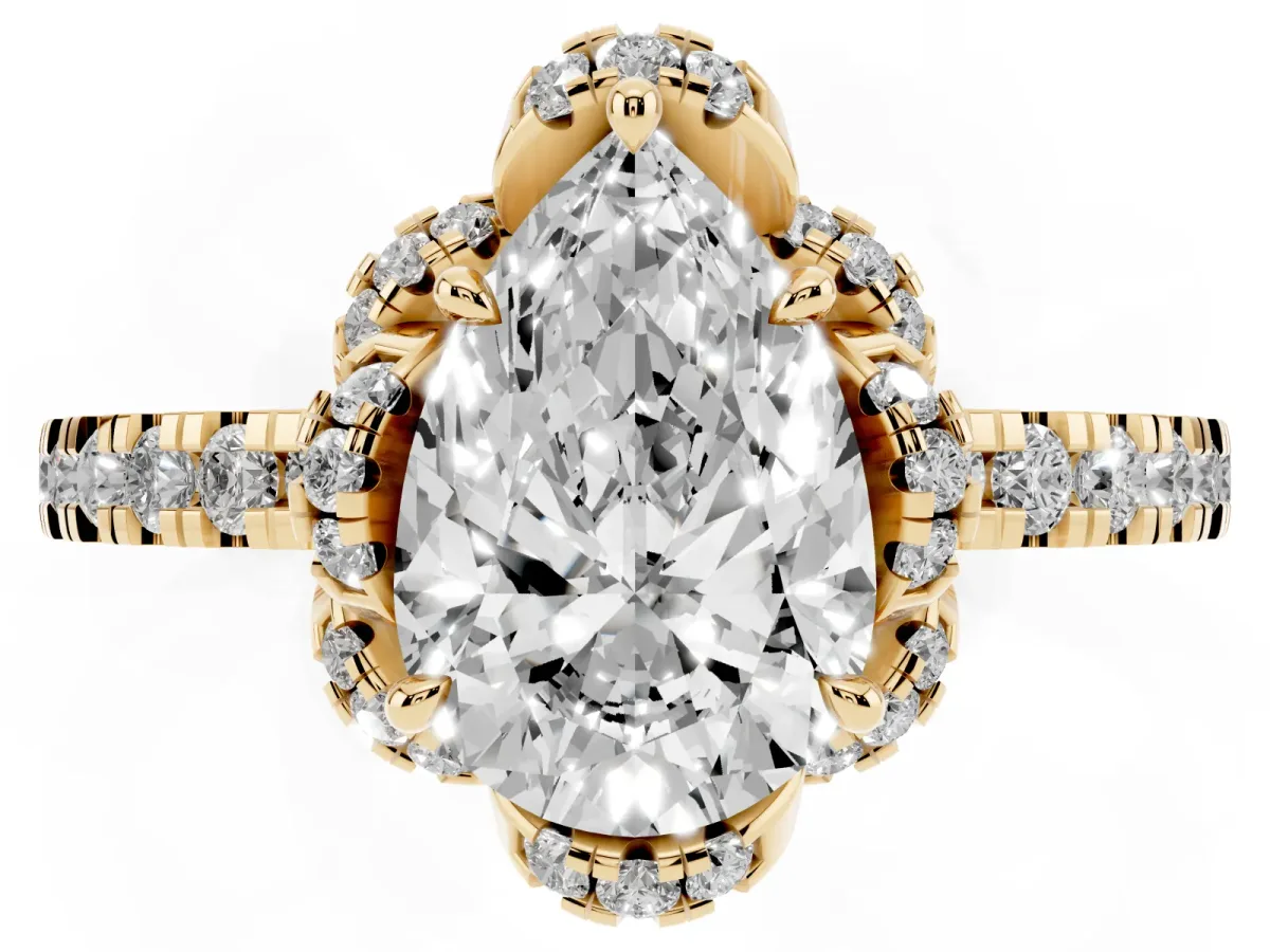 Pear Cut Halo Diamond Pave Band Ring with Four-Prong Setting Yellow gold
