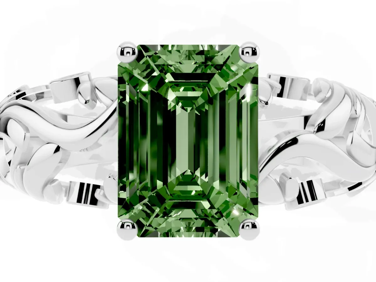Fancy Green Emerald Cut Solitaire Diamond Leaf-Inspired Vine Band Ring with Prong Setting White gold