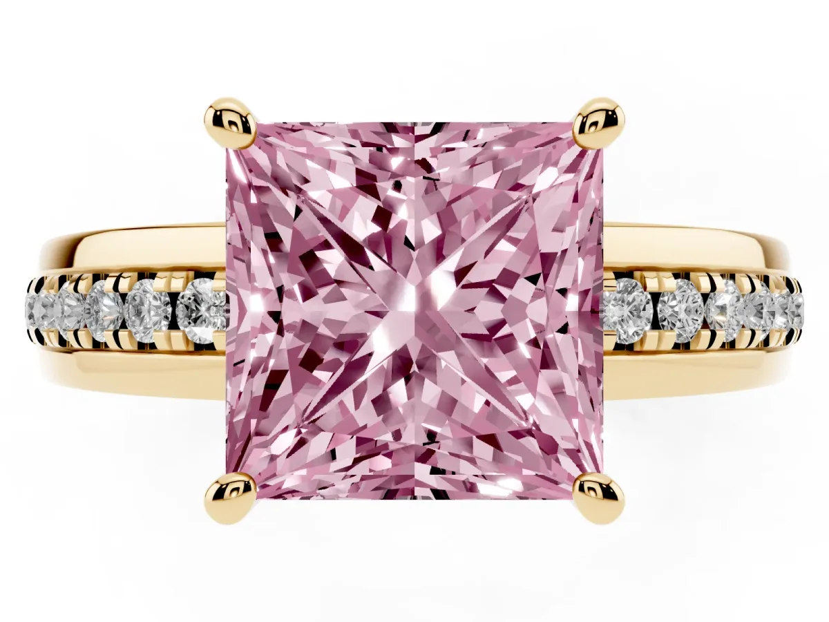 Fancy Pink Princess Cut Solitaire Diamond Ring with Channel Set Band and Six-Prong Setting Yellow gold