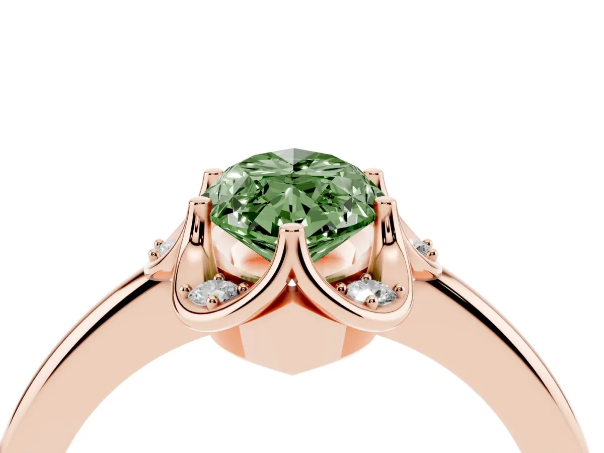 Fancy Green Marquise Cut Halo Diamond Ring with Round Cluster Setting, Solitaire Band, and Four-Prong Setting Rose gold
