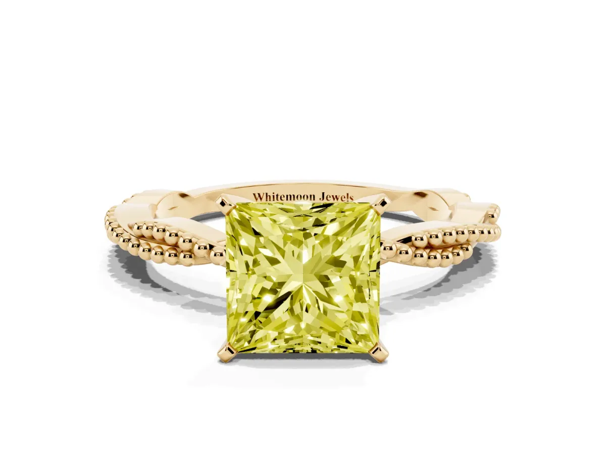 Fancy Yellow Princess Cut Solitaire Twisted Band with Bead Prong Setting Yellow gold