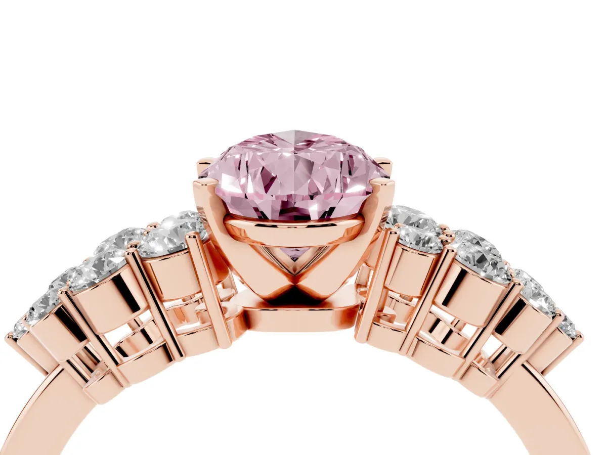 Fancy Pink Pear Cut Cluster Diamond Engagement Ring with Pavé Band and Four-Prong Setting Rose gold