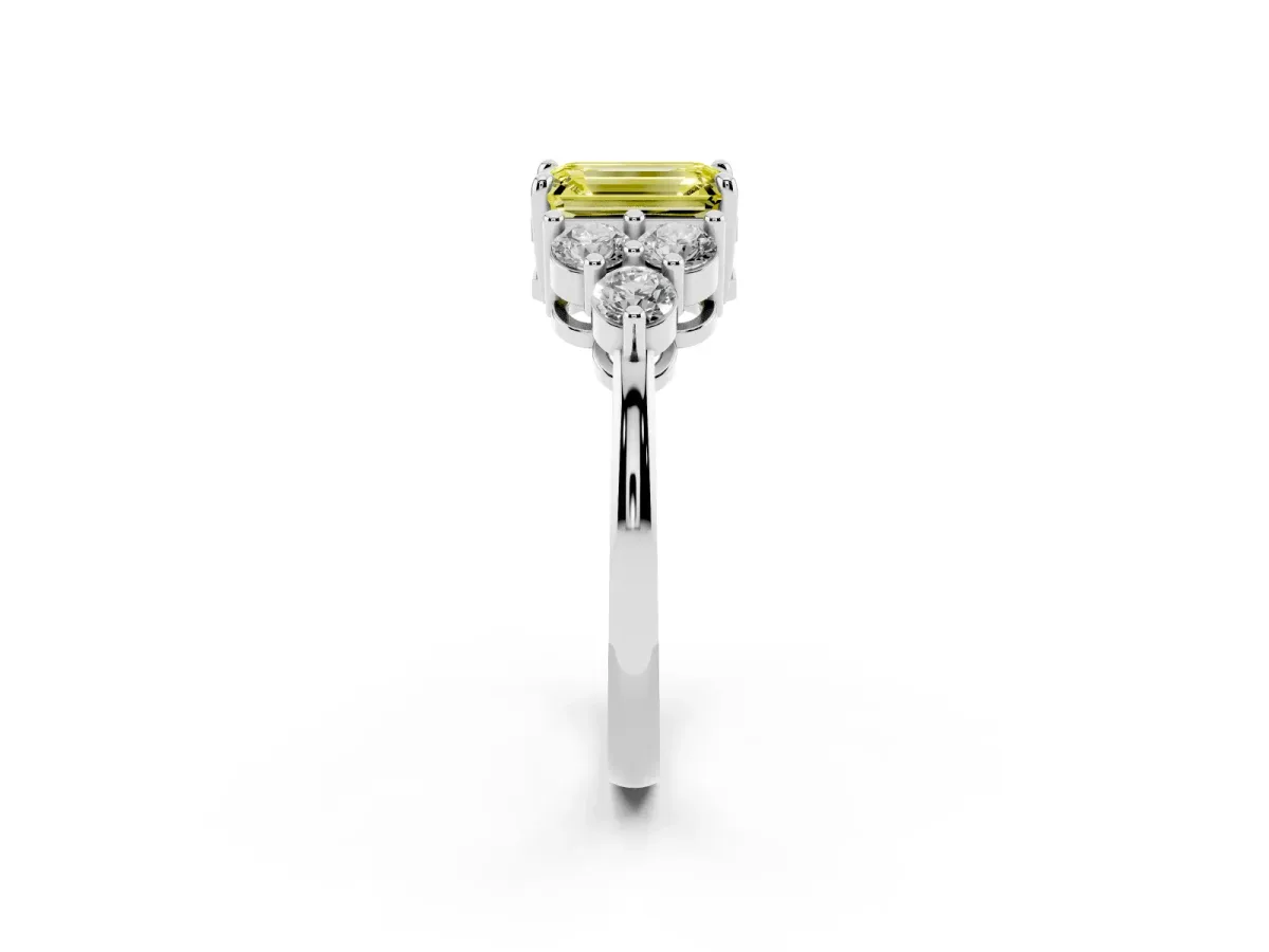 Fancy Yellow Emerald Cut Brilliant Diamond Cluster Accent Solitaire Ring with Prong Setting White gold