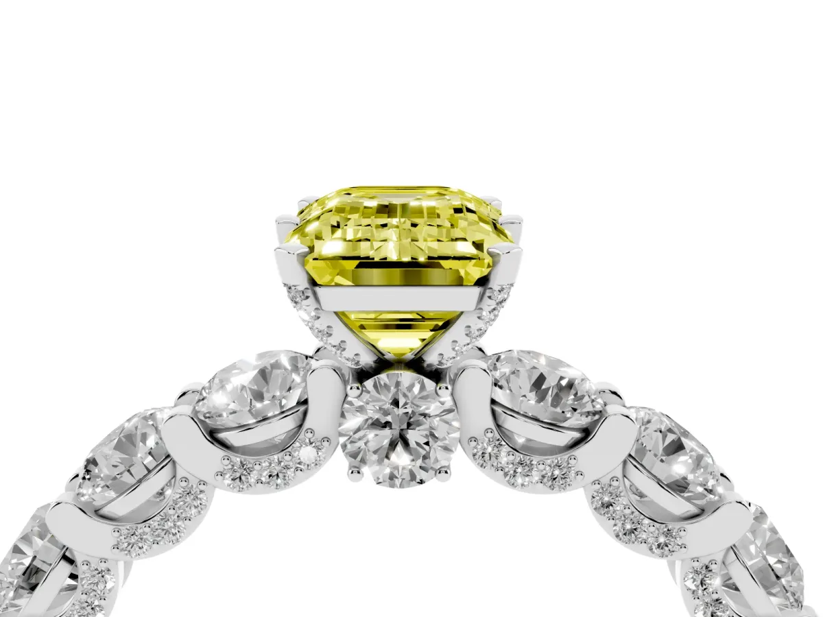 Fancy Yellow Emerald Cut Diamond Side Stone Engagement Ring with Four-Prong Setting Silver