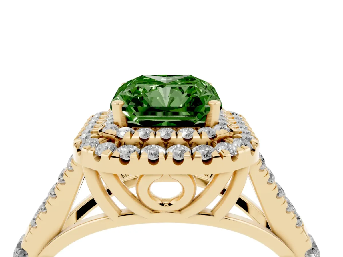 Fancy Green Radiant Cut Diamond Double Halo Ring with Split Shank and Prong Setting Yellow gold