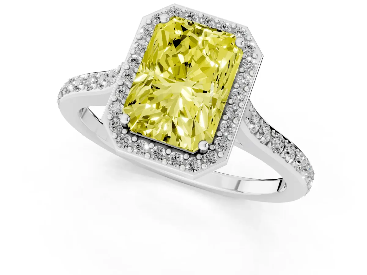 Fancy Yellow Radiant Cut Diamond Halo Engagement Ring with Round Pavé Shoulders and Prong Setting Platinum