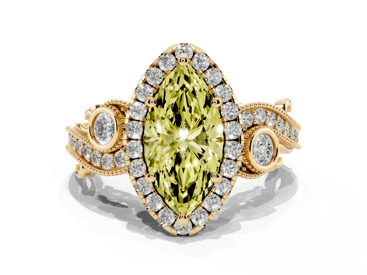 Fancy Yellow Marquise Cut Diamond Halo Ring with Milgrain Pavé Band and Four-Prong Setting Yellow gold