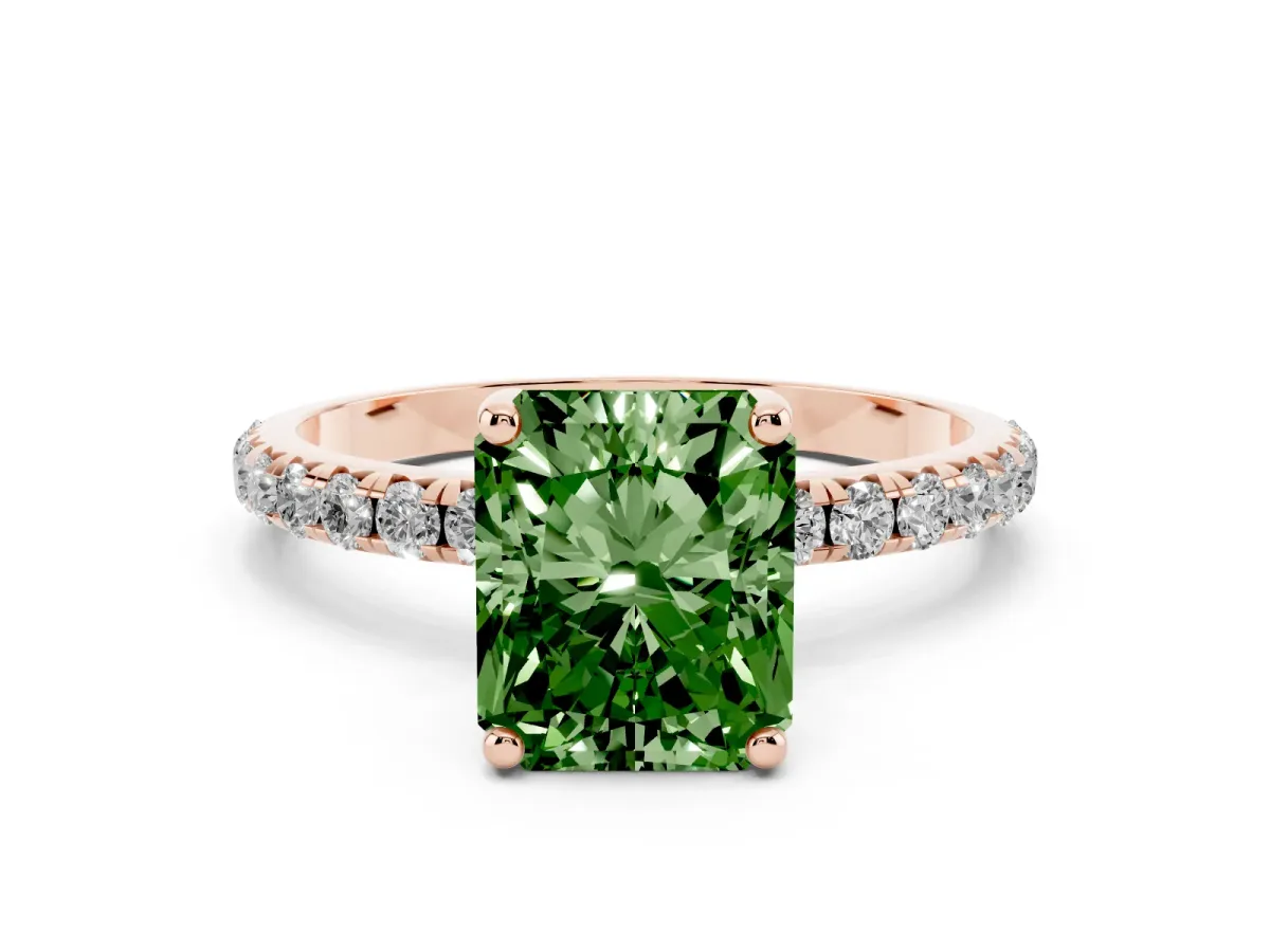 Fancy Green Radiant Cut Cut Diamond Solitaire Ring with Micro Pave Band and Four Prong Setting Rose gold