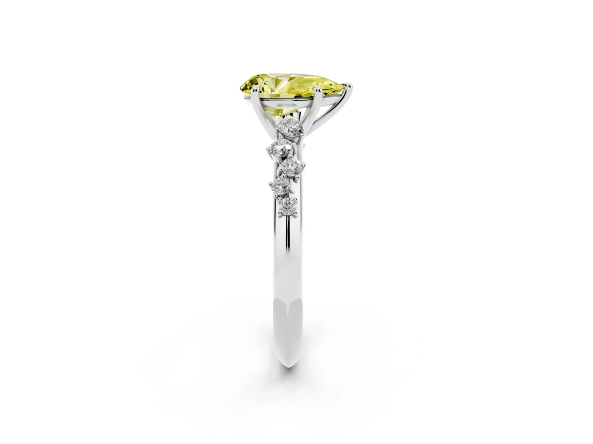 Fancy Yellow Pear Cut Diamond Cluster Side Stone Solitaire Ring with Prong Setting Silver