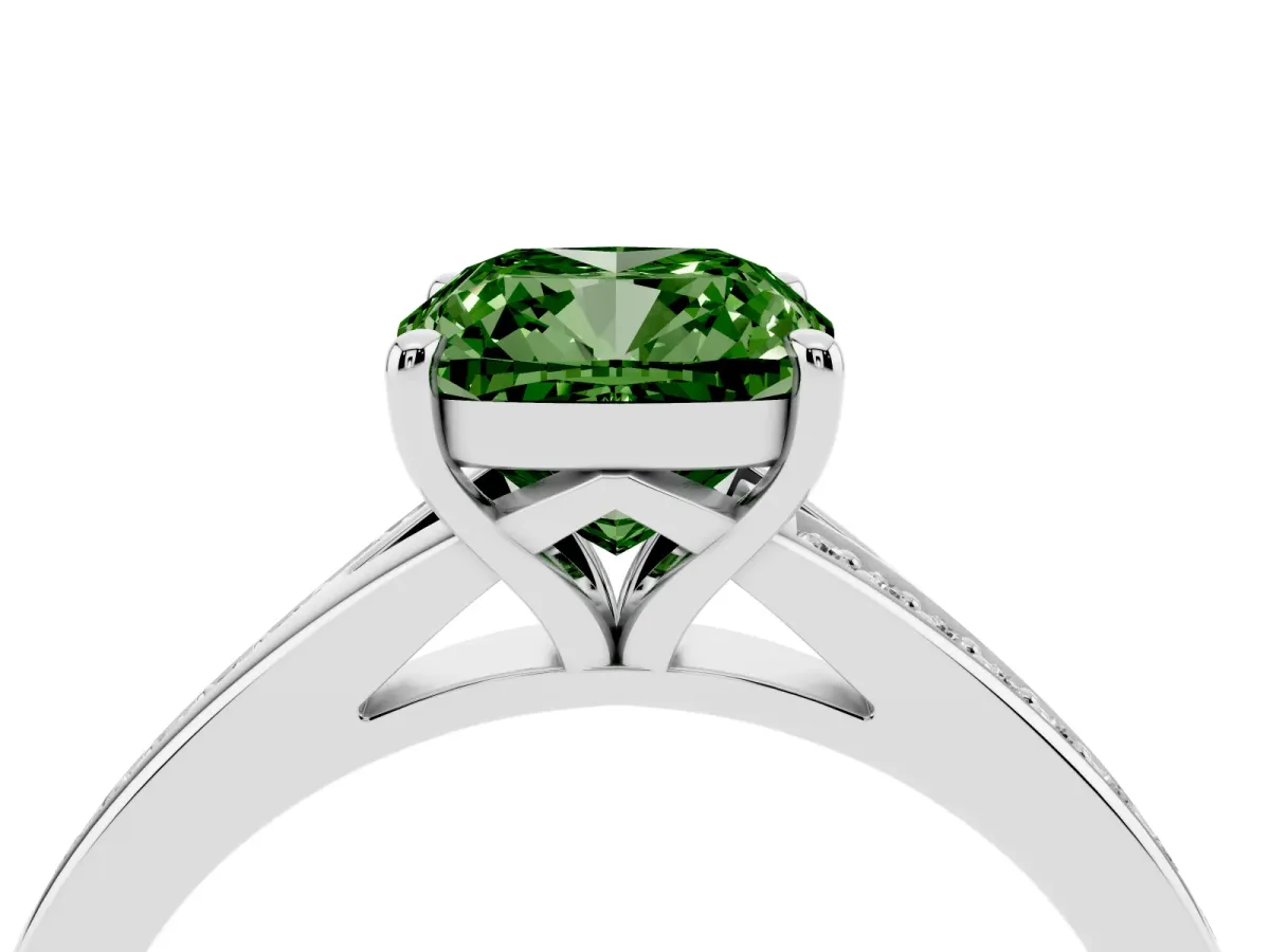 Fancy Green Cushion Cut Diamond Solitaire Ring with Pavé Band and Prong Setting Silver