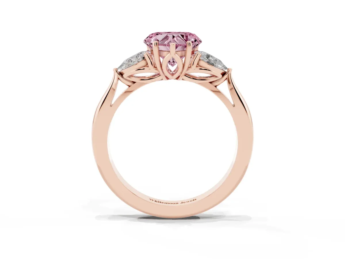 Fancy Pink Heart Cut Diamond Three-Stone Ring with Pear Side Stones and Prong Setting Rose gold